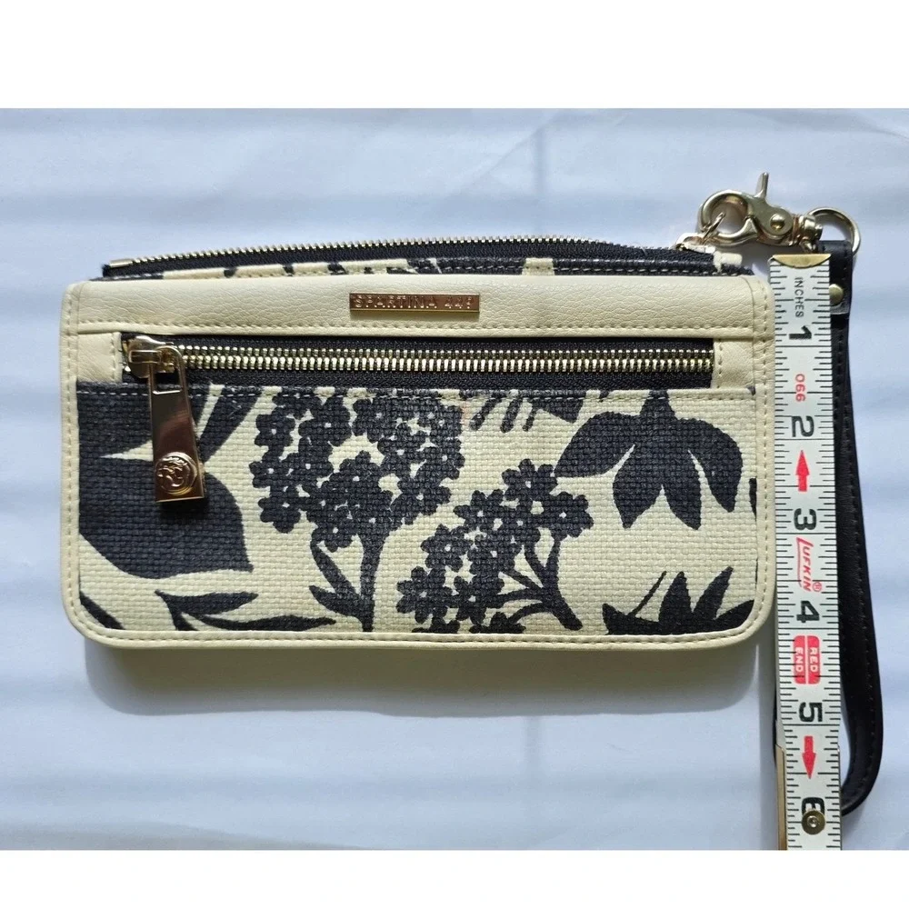 Spartina 449 Floral Wristlet Wallet Black Cream Linen Leather Turquoise Interior